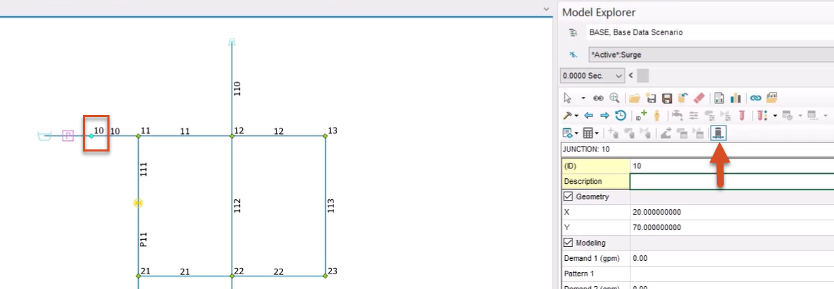 Junction 10 selected and highlighted in red in the model, and in the Model Explorer toolbar, Surge Protection Device called out with a red arrow.