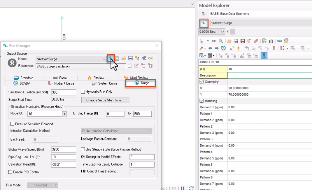 In the Model Explorer, the Run Manager button highlighted in red, and in the Run Manager, the Run button and the Surge tab also highlighted in red.