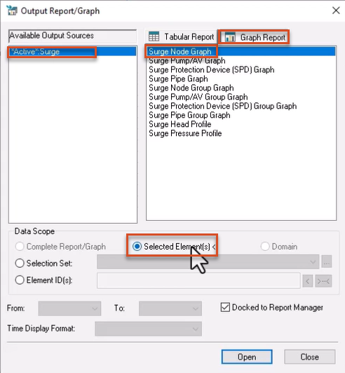 The Output Report/Graph dialog box, with *Active*.Surge and Surge Node Graph selected and highlighted in red, and under Data Scope, Selected Element(s) enabled and highlighted.