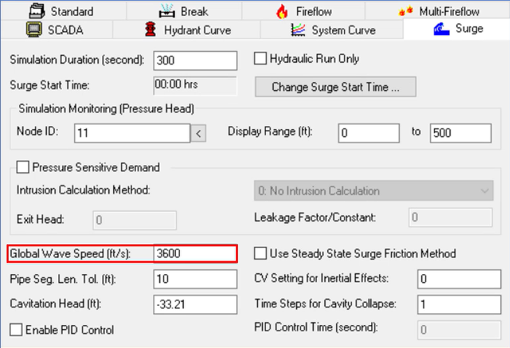 The Run Manager, Surge tab, with the Global Wave Speed setting highlighted in red.