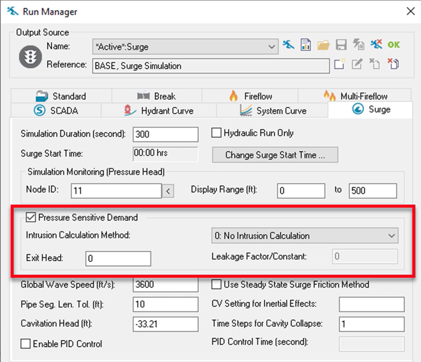 The Run Manager, Surge tab, with the Pressure Sensitive Demand settings highlighted in red.