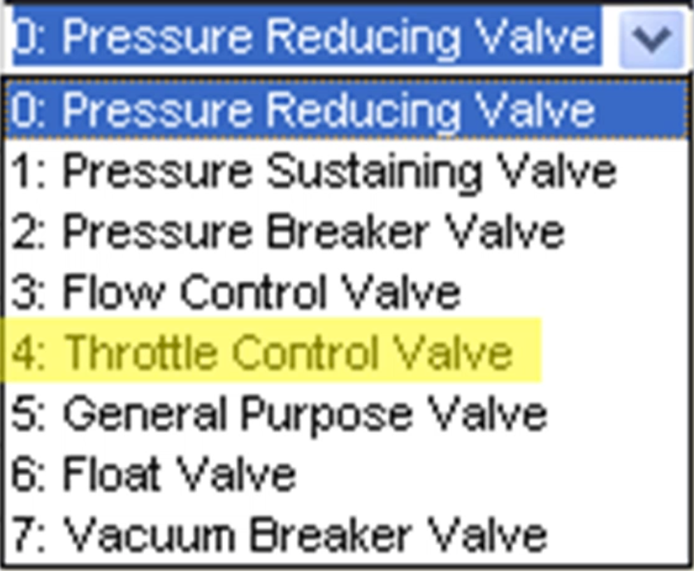 In the Model Explorer, a zoomed-in view of the Type drop-down for valves, with Throttle Control Valve highlighted in yellow.