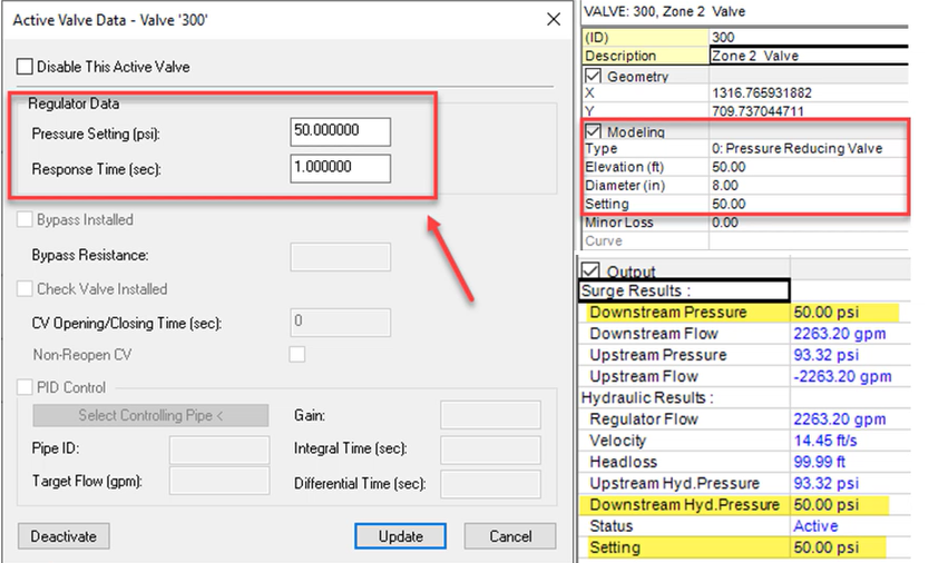 In two side-by-side images, the Active Valve Data dialog box with Regulator Data highlighted in red, and the Model Explorer, with pressure settings also highlighted in red.