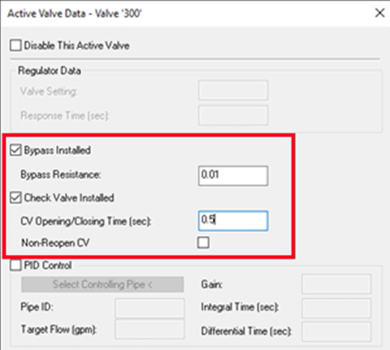 The Active Valve Data dialog box, with Bypass Installed and Check Valve Installed options selected and highlighted in red.