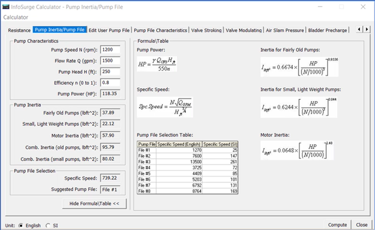 In the InfoSurge Calculator dialog box, settings for the selected Pump Inertia/Pump File calculator.