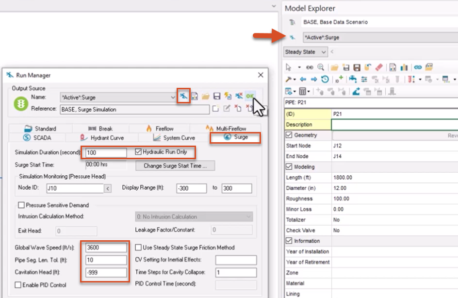 The Run button called out in the Model Explorer; and in the Run Manager, the Surge tab, with the settings for this example highlighted in red.