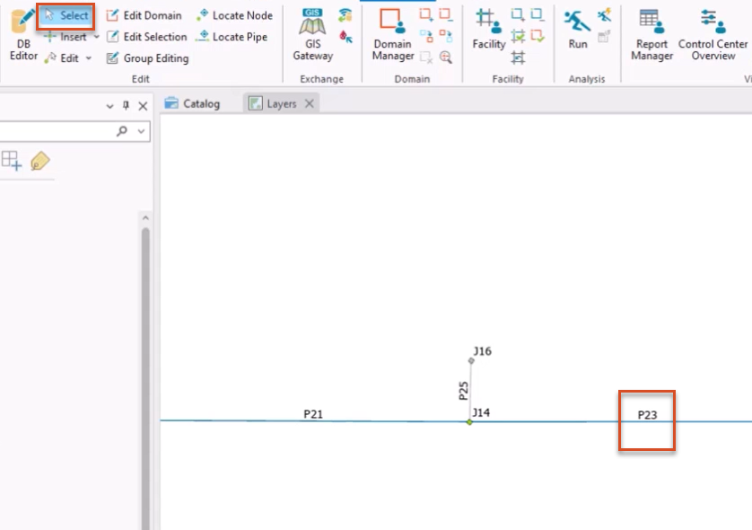 In the ribbon, the Select tool highlighted in the Edit panel, and in the model, Pipe P23 selected and highlighted in red.