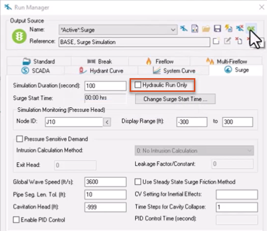 The Run Manager opened on the Surge tab with the disabled Hydraulic Run Only option highlighted in red.
