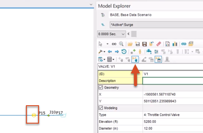 Valve V1 selected and highlighted in red in the model, and in the Model Explorer toolbar, AV (TCV) Operation Change called out.