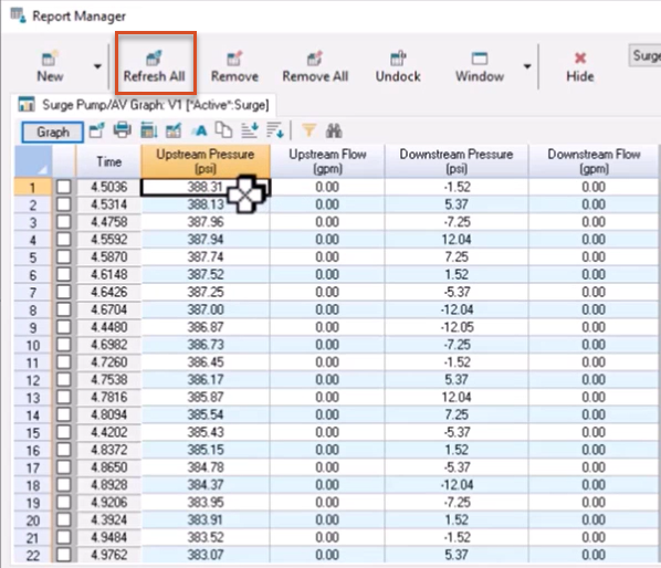 The Report Manager with Refresh All highlighted, and in the Upstream Pressure column, the maximum value selected.