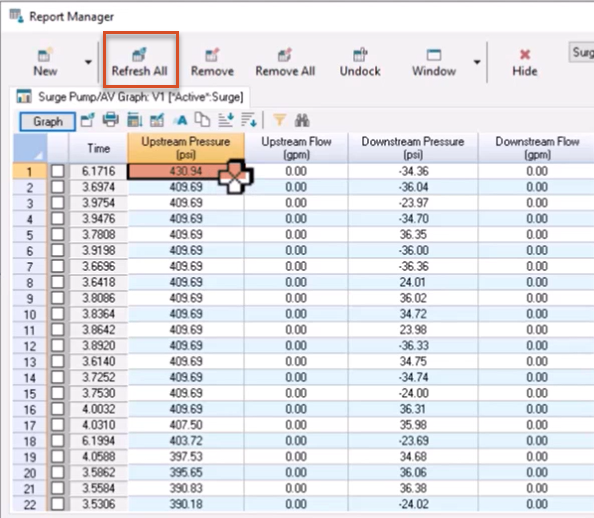 The Report Manager with Refresh All highlighted, and in the Upstream Pressure column, the maximum value selected.