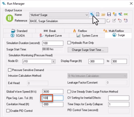 The Run Manager, in the Surge tab, with Pipe Segment Length Tolerance set to 100 feet and highlighted in red.