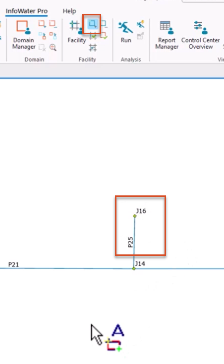 On the ribbon, Activate Facility selected, and in the model, pipe P25 and junction J16 selected and highlighted in red.