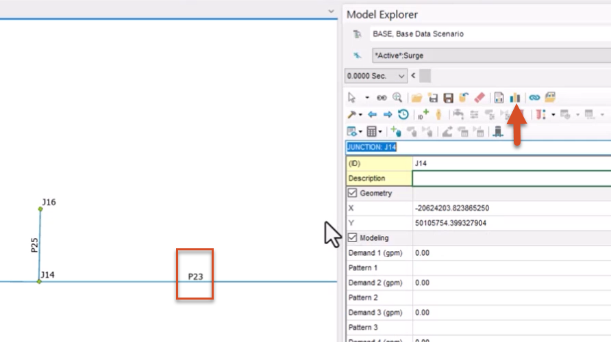 Pipe P23 selected in the model, and in the Model Explorer toolbar, Graph is called out.