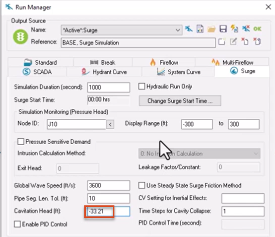 The Run Manager, Surge tab, with Cavitation Head set to -33.21 feet and highlighted in red.