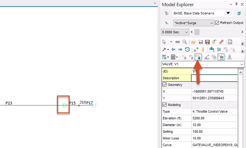 Valve V1 selected and highlighted in red in the model, and in the Model Explorer toolbar, AV (TCV) Operation Change called out.