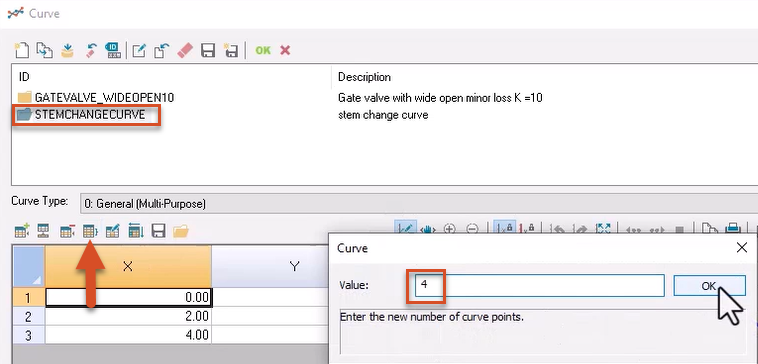 In the Curve dialog box, STEMCHANGECURVE selected and highlighted, the Set Rows button called out, and in the Curve popup, a Value of 4 entered and highlighted in red.