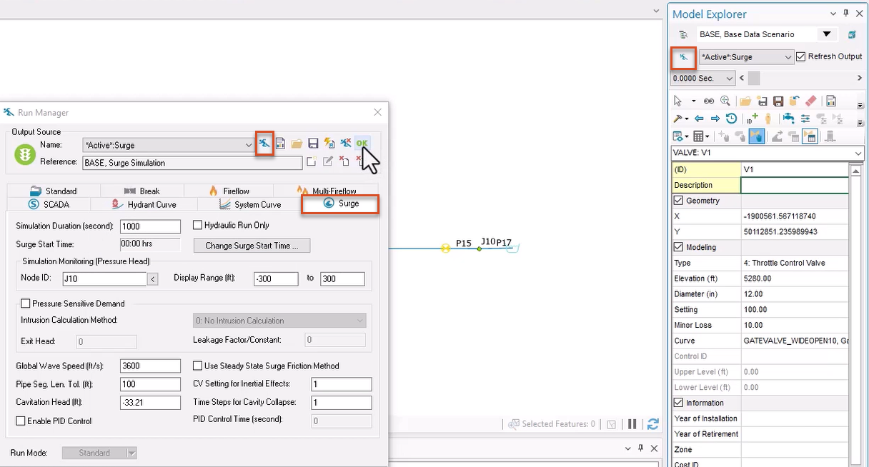 In the Model Explorer, the Run Manager button highlighted in red, and in the Run Manager, the Run button and Surge tab highlighted in red, with OK selected.