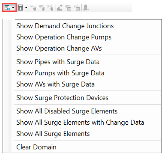 In the Model Explorer, InfoSurge toolbar, the Identify Surge Elements button highlighted in red, and the drop-down expanded.