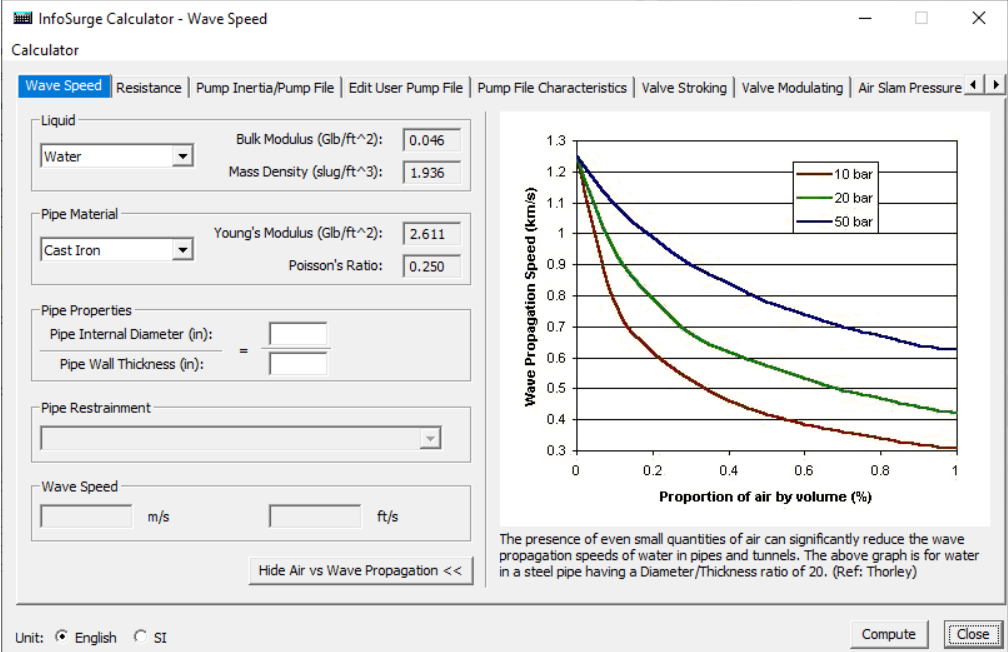 In the InfoSurge Calculator dialog box, settings for the selected Wave Speed Calculator.