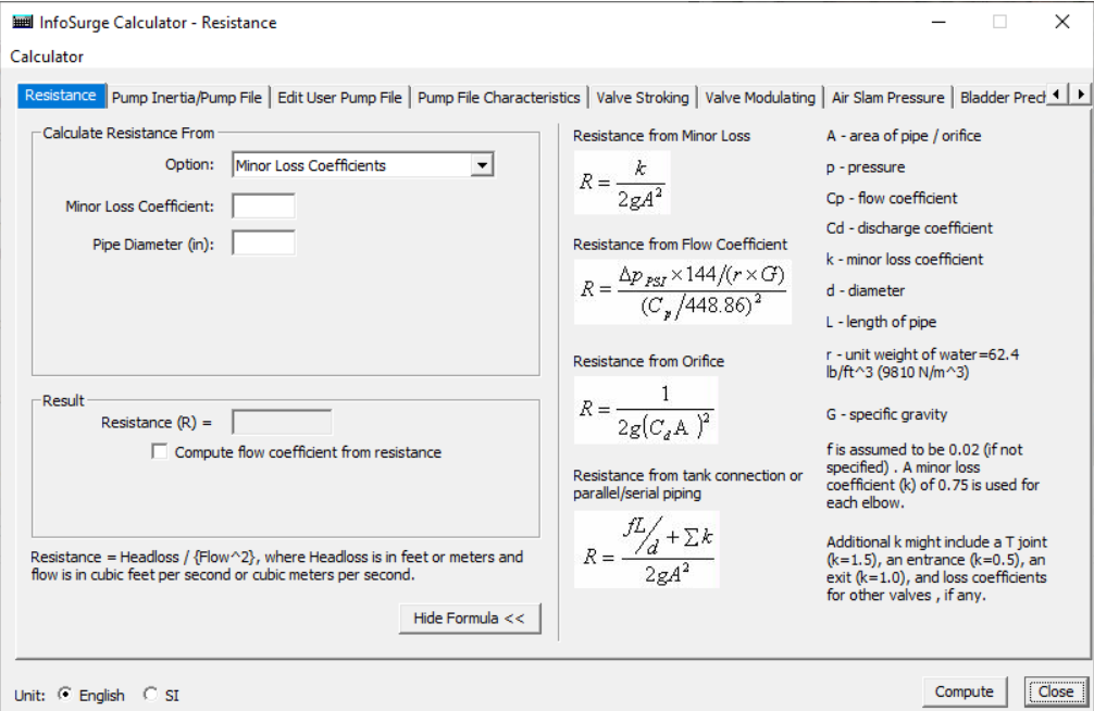 In the InfoSurge Calculator dialog box, settings for the selected Resistance Calculator.