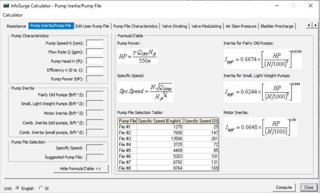 In the InfoSurge Calculator dialog box, settings for the selected Pump Inertia/Pump File Calculator.