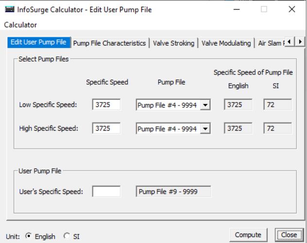 In the InfoSurge Calculator dialog box, settings for the selected Edit User Pump File tab.