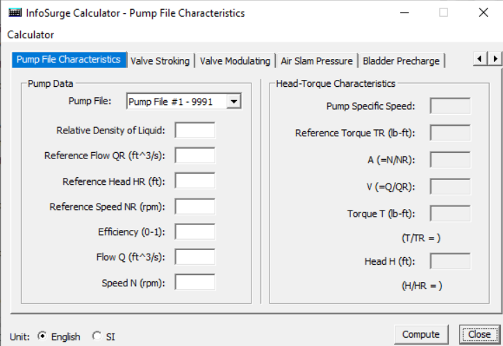 In the InfoSurge Calculator dialog box, settings for the selected Pump File Characteristics Calculator.