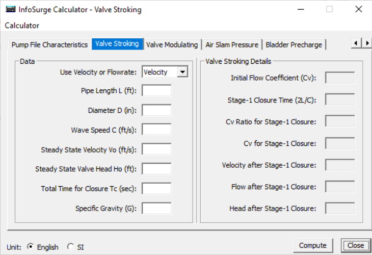 In the InfoSurge Calculator dialog box, settings for the selected Valve Stroking Calculator.