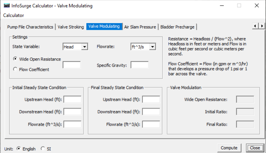 In the InfoSurge Calculator dialog box, settings for the selected Valve Modulating Calculator.