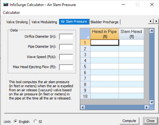 In the InfoSurge Calculator dialog box, settings for the selected Air Slam Pressure Calculator.