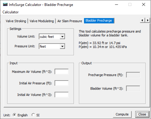 In the InfoSurge Calculator dialog box, settings for the selected Bladder Tank Precharge Calculator.