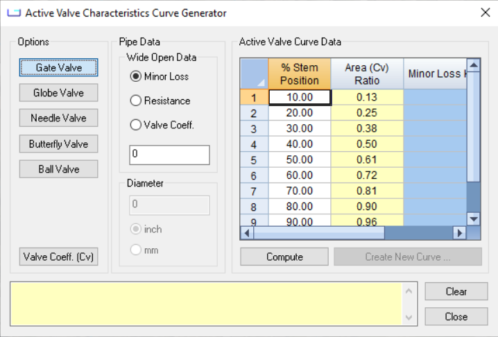 In the InfoSurge Calculator dialog box, settings for the selected Active Valve Characteristics Curve Generator.