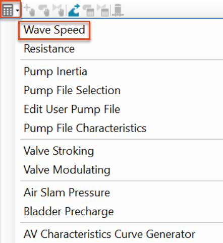 In the Model Explorer, InfoSurge toolbar, the Auxiliary Calculator drop-down expanded, with Wave Speed highlighted in red.