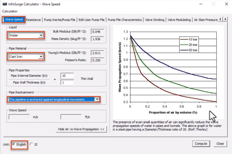 The InfoSurge Calculator – Wave Speed dialog box, with the settings for this example configured and highlighted in red.