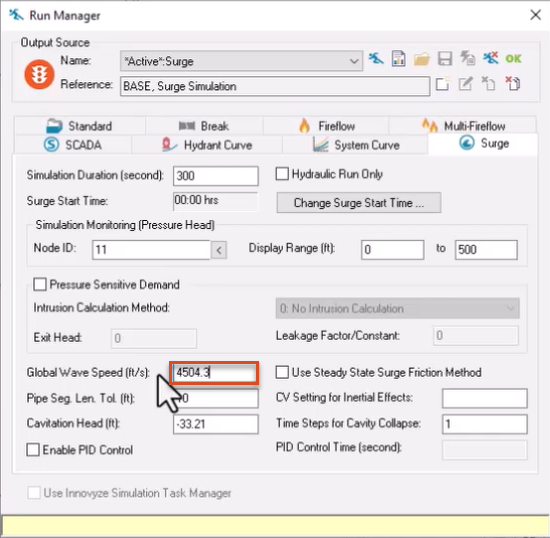 The Run Manager, Surge tab, with the Global Wave Speed highlighted in red and set to 4504.3 feet per second for this example.