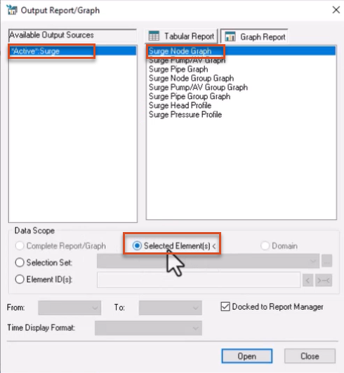 The Output Report/Graph dialog box, with *Active*.Surge and Surge Node Graph selected and highlighted in red, and under Data Scope, Selected Element(s) enabled and highlighted in red.