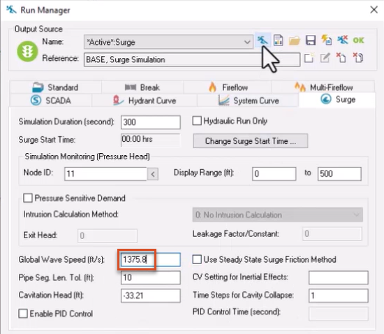 The Run Manager, Surge tab, with the Global Wave Speed highlighted in red and changed to 1375.8 feet per second for this example.