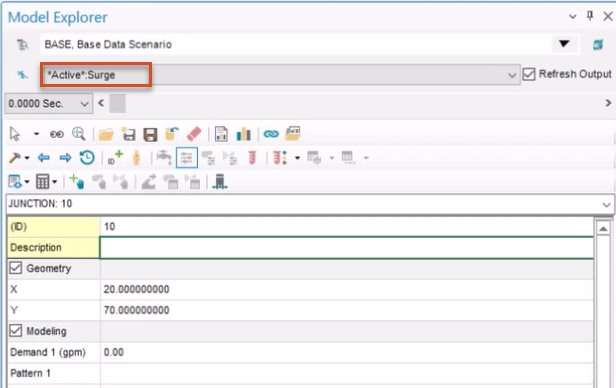 The Model Explorer, with *Active*:Surge selected as the current output and highlighted in red.