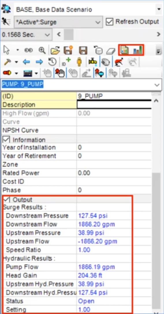 The Model Explorer, with results highlighted in red, and in the toolbar, the Report and Graph buttons highlighted in red.