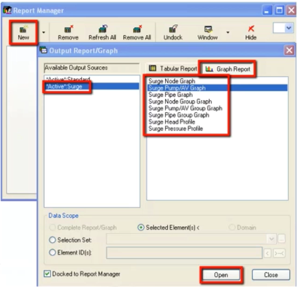 The Report Manager with the New button highlighted in red, and the Output Report/Graph dialog box, with settings needed to view surge results highlighted in red.