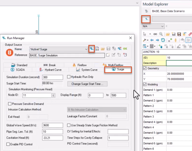 In the Model Explorer, the Run Manager button highlighted in red, and in the Run Manager, the Run button and Surge tab highlighted in red.