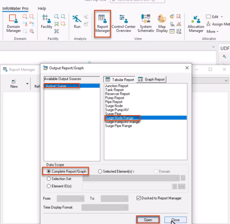 In the ribbon, View panel, Report Manager highlighted in red, and in the Output Report/Graph dialog box, settings for this example configured and highlighted in red.