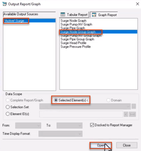 The Output Report/Graph dialog box, with settings for this example configured and highlighted in red.