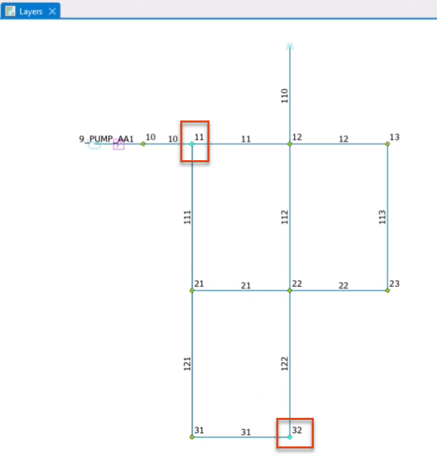 The map view, with junctions 11 and 32 highlighted in red.