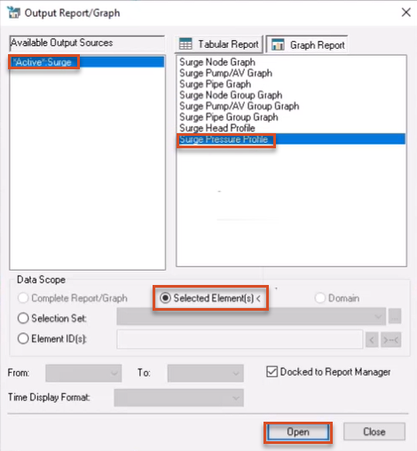 In the Output Report/Graph dialog box, settings for this example configured and highlighted in red.