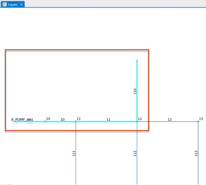 The map view, with the pipes selected for this example highlighted in red.