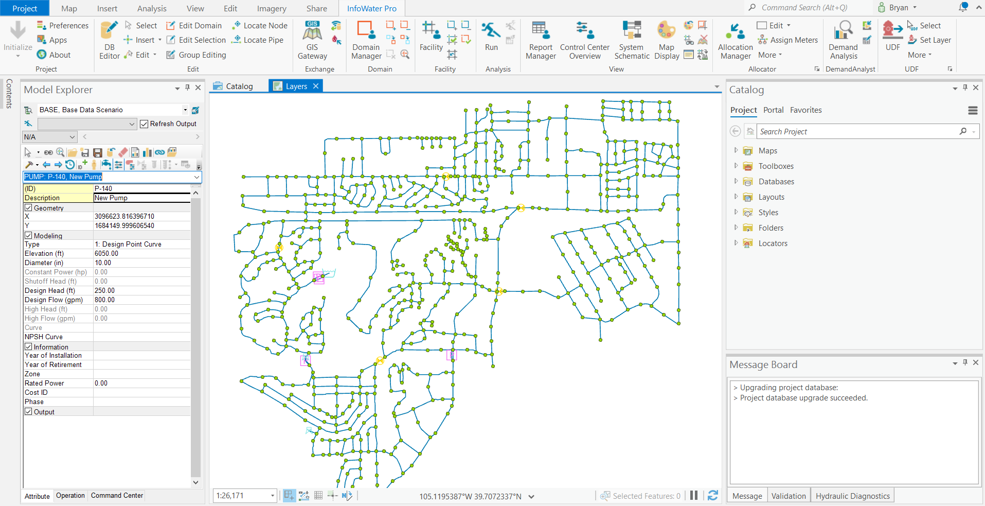 The ArcGIS Pro user interface, including InfoWater Pro functions and tools.