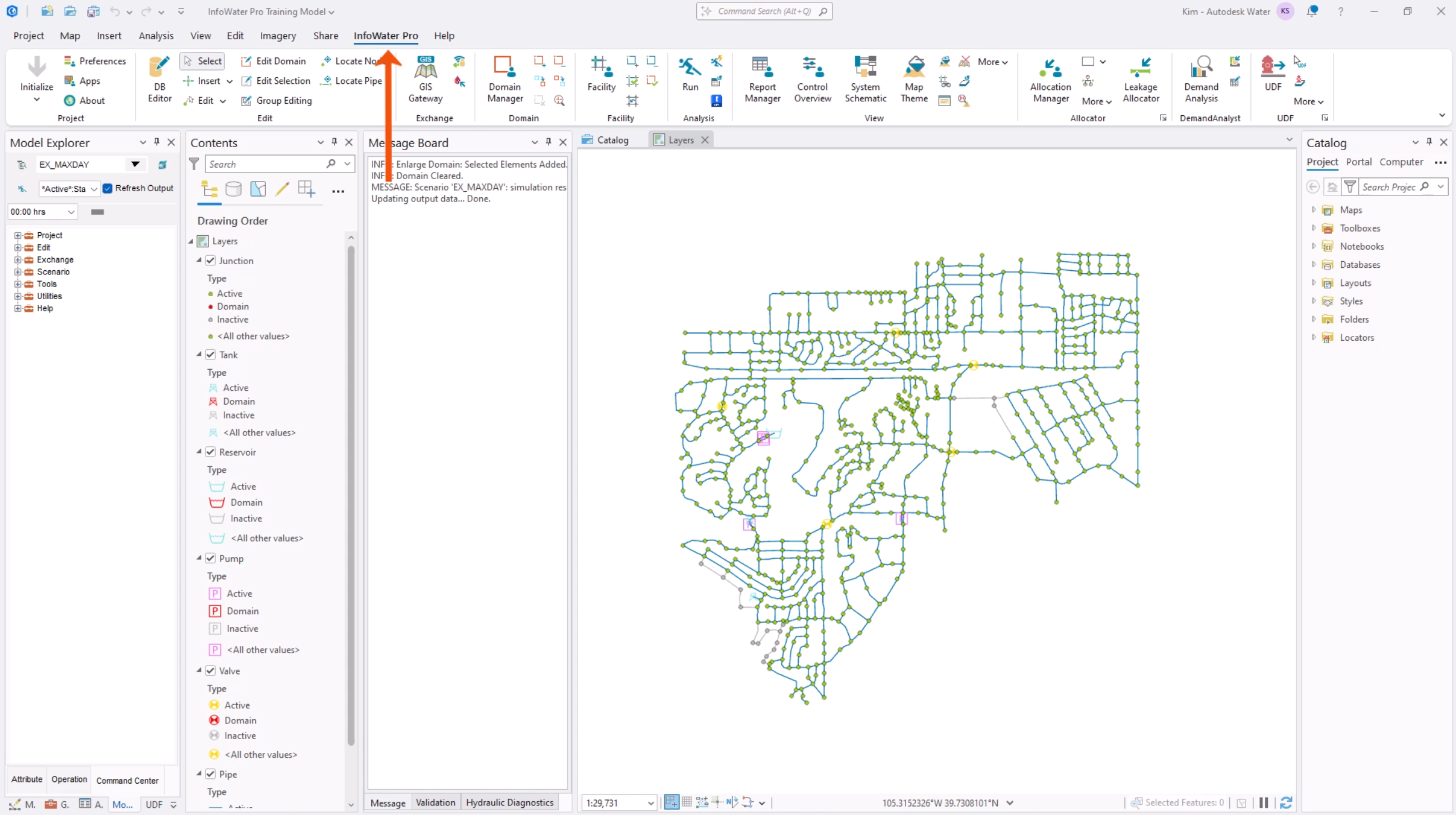 In the ArcGIS interface, the InfoWater Pro tab active and called out with a red arrow.