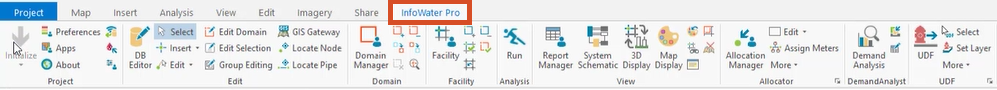 The InfoWater Pro tab within the ArcGIS Pro ribbon.